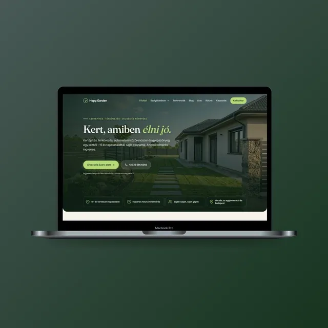 A hepp-garden.hu weboldal főoldala laptopon