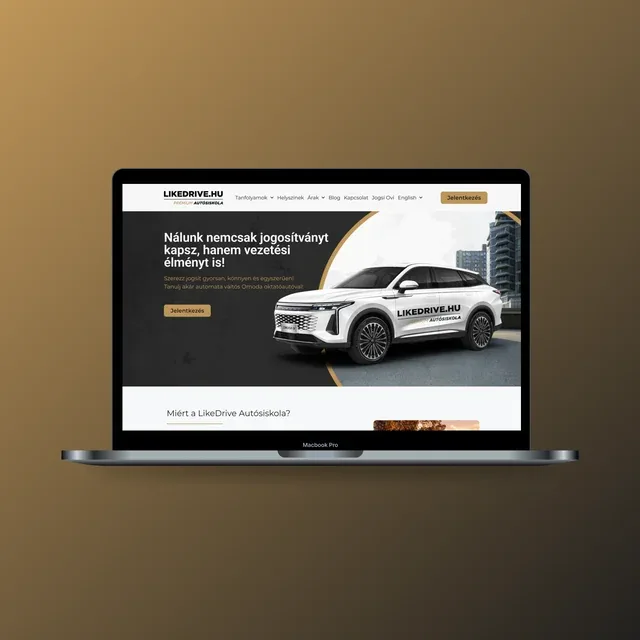 A likedrive-autosiskola.hu weboldal főoldala laptopon
