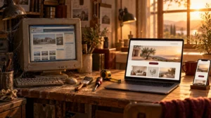 Régi, poros számítógép elavult weboldallal és mellette modern laptop és telefon a megújult weboldallal egy műhely munkaasztalán