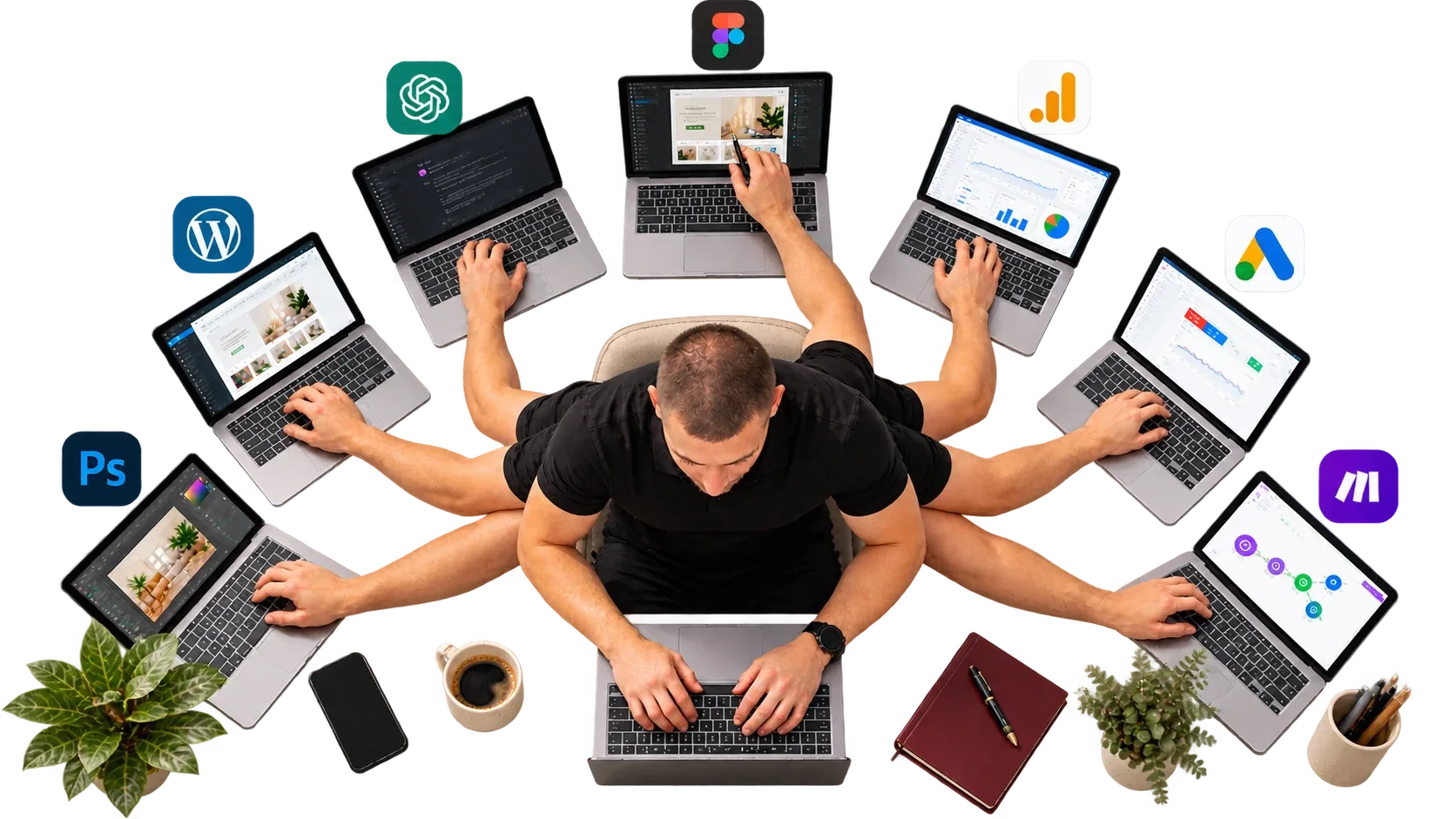 Weboldalkészítés egy kézben: Örkényi Károly egyszerre dolgozik WordPressben, ChatGPT-vel, Figmában, Photoshopban, Make-ben, Google Analyticsben és Google Ads-ben